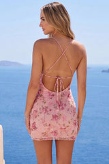 Sparkly Pink Floral Tight Ruched Short Spaghetti Straps Homecoming Dress