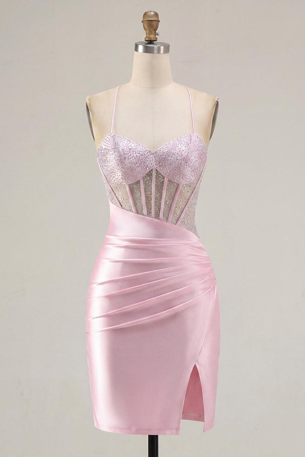 Sparkly Pink Ruched Corset Tight Beaded Short Homecoming Dress with Slit
