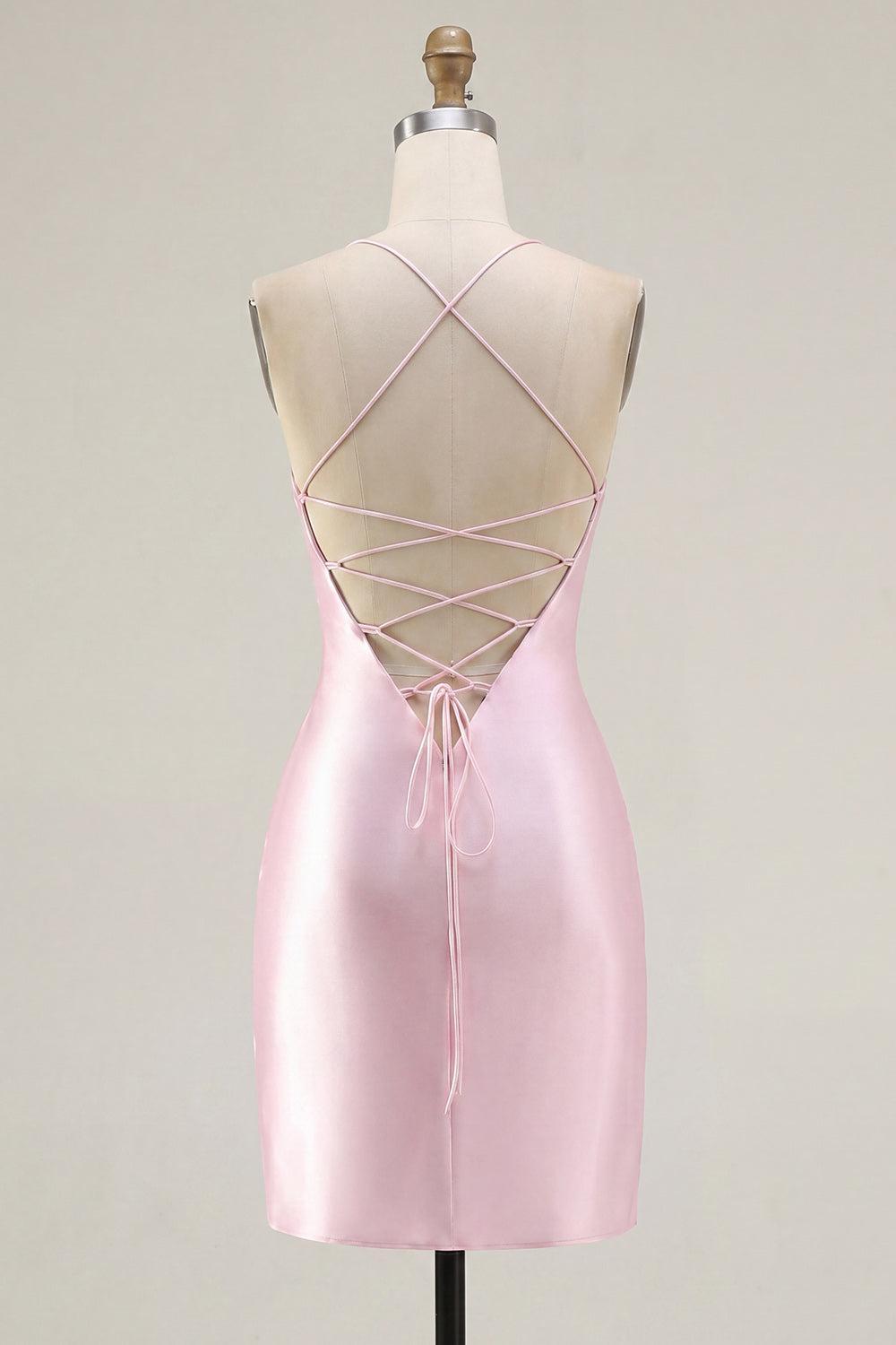 Sparkly Pink Ruched Corset Tight Beaded Short Homecoming Dress with Slit