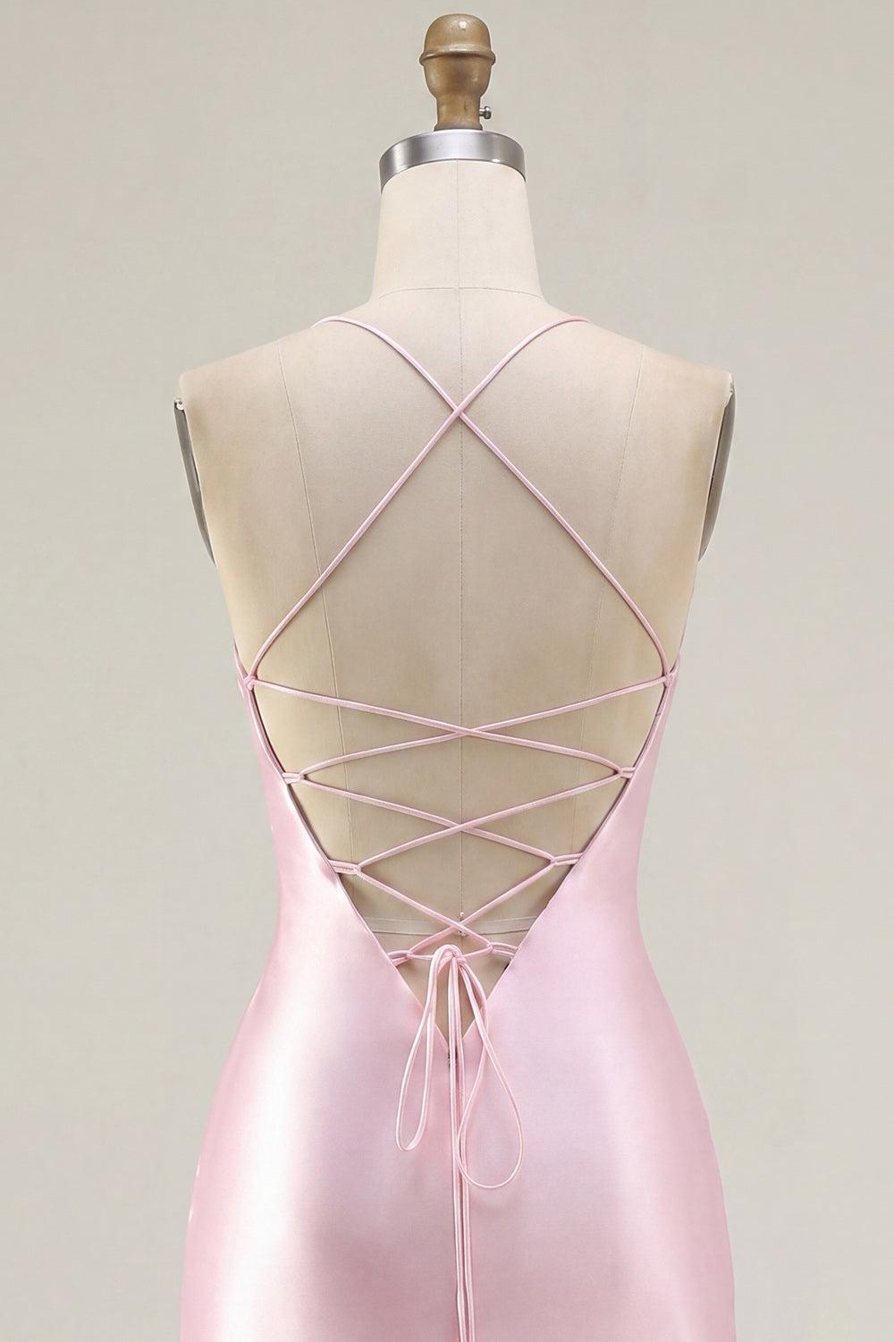 Sparkly Pink Ruched Corset Tight Beaded Short Homecoming Dress with Slit