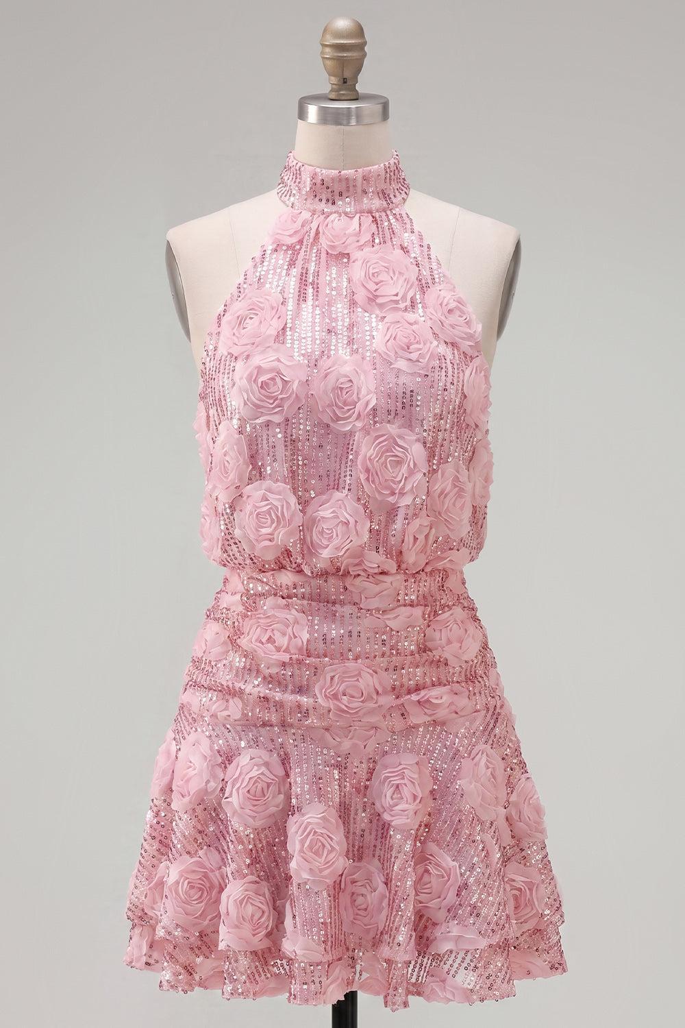 Sparkly Pink Sequin Floral A Line Short Homecoming Dress with Ruffles