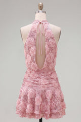 Sparkly Pink Sequin Floral A Line Short Homecoming Dress with Ruffles