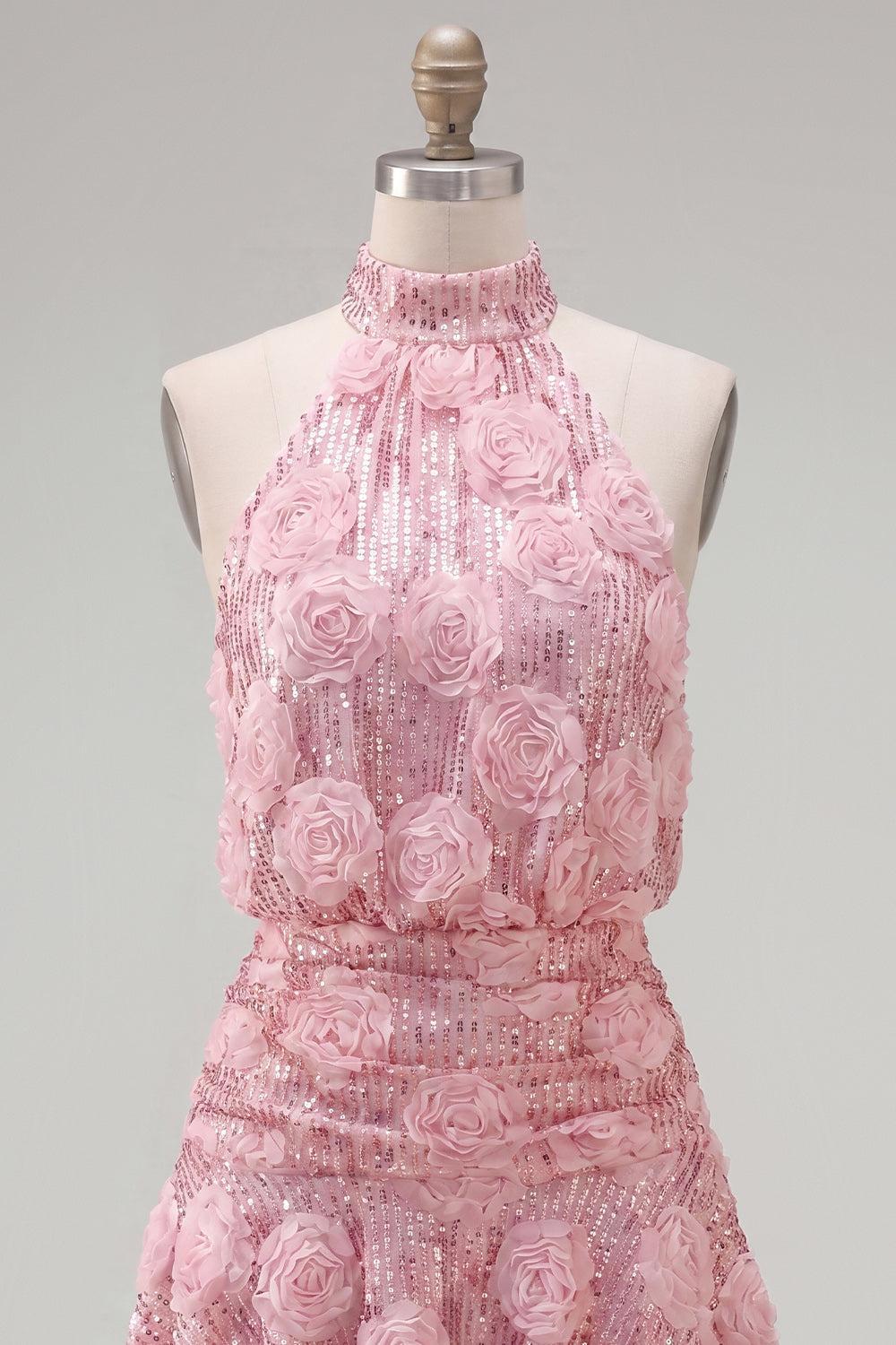 Sparkly Pink Sequin Floral A Line Short Homecoming Dress with Ruffles