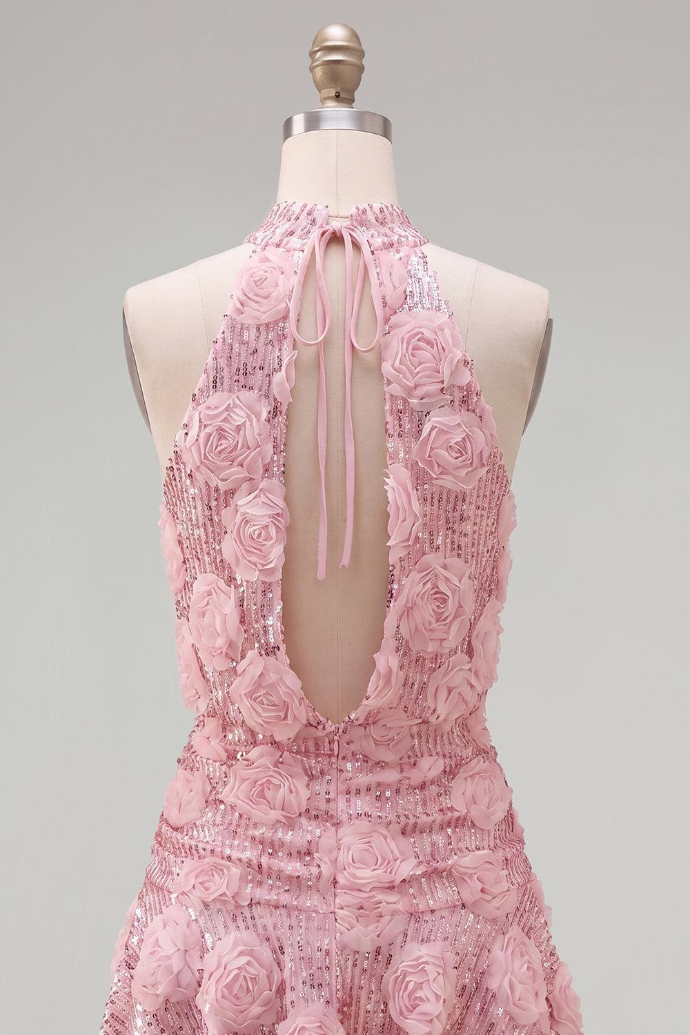 Sparkly Pink Sequin Floral A Line Short Homecoming Dress with Ruffles
