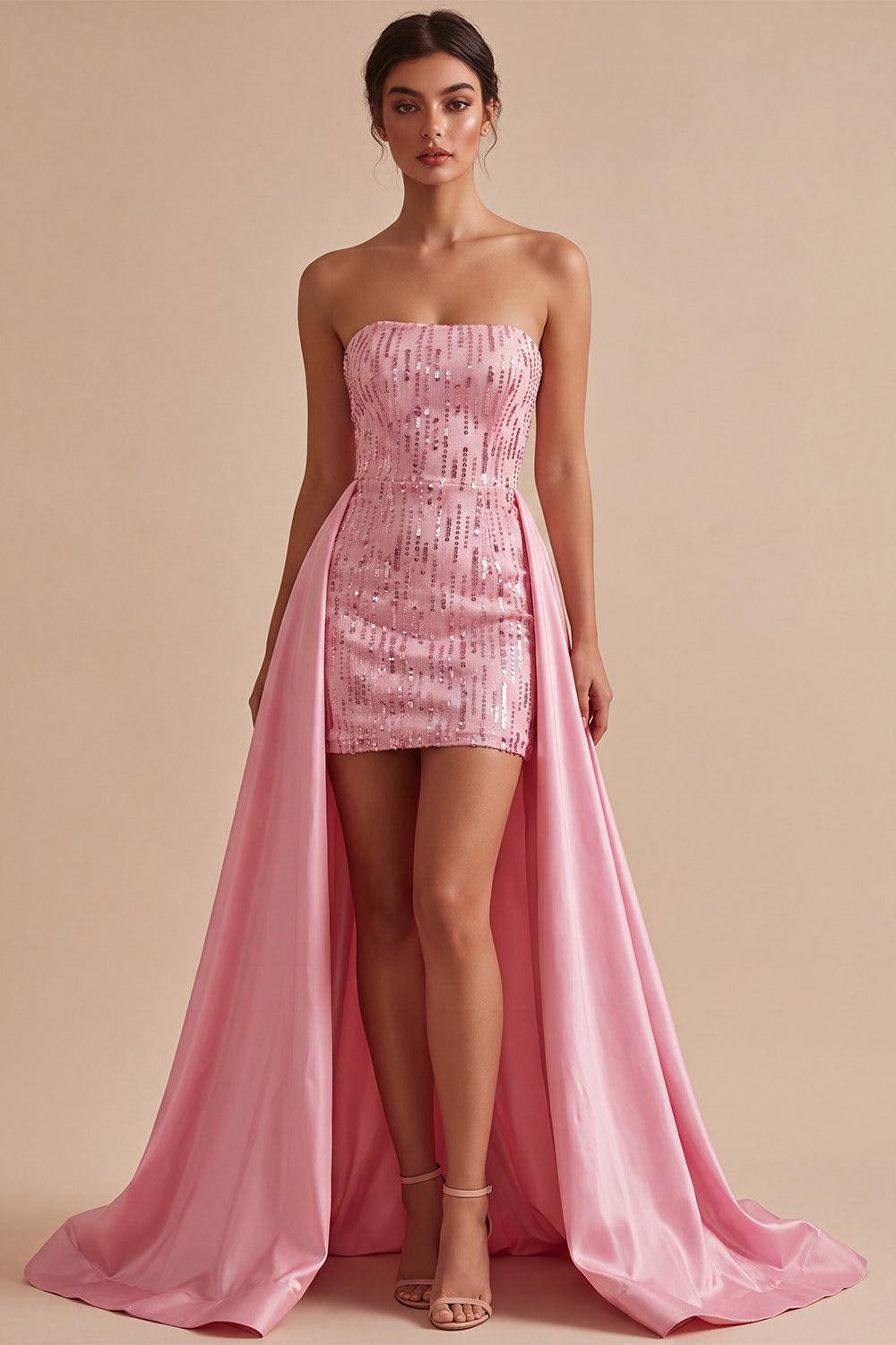 Sparkly Pink Sequin Short Tight Homecoming Dress with Cape