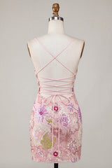 Sparkly Pink Spaghetti Straps Sequin Floral Tight Short Homecoming Dress