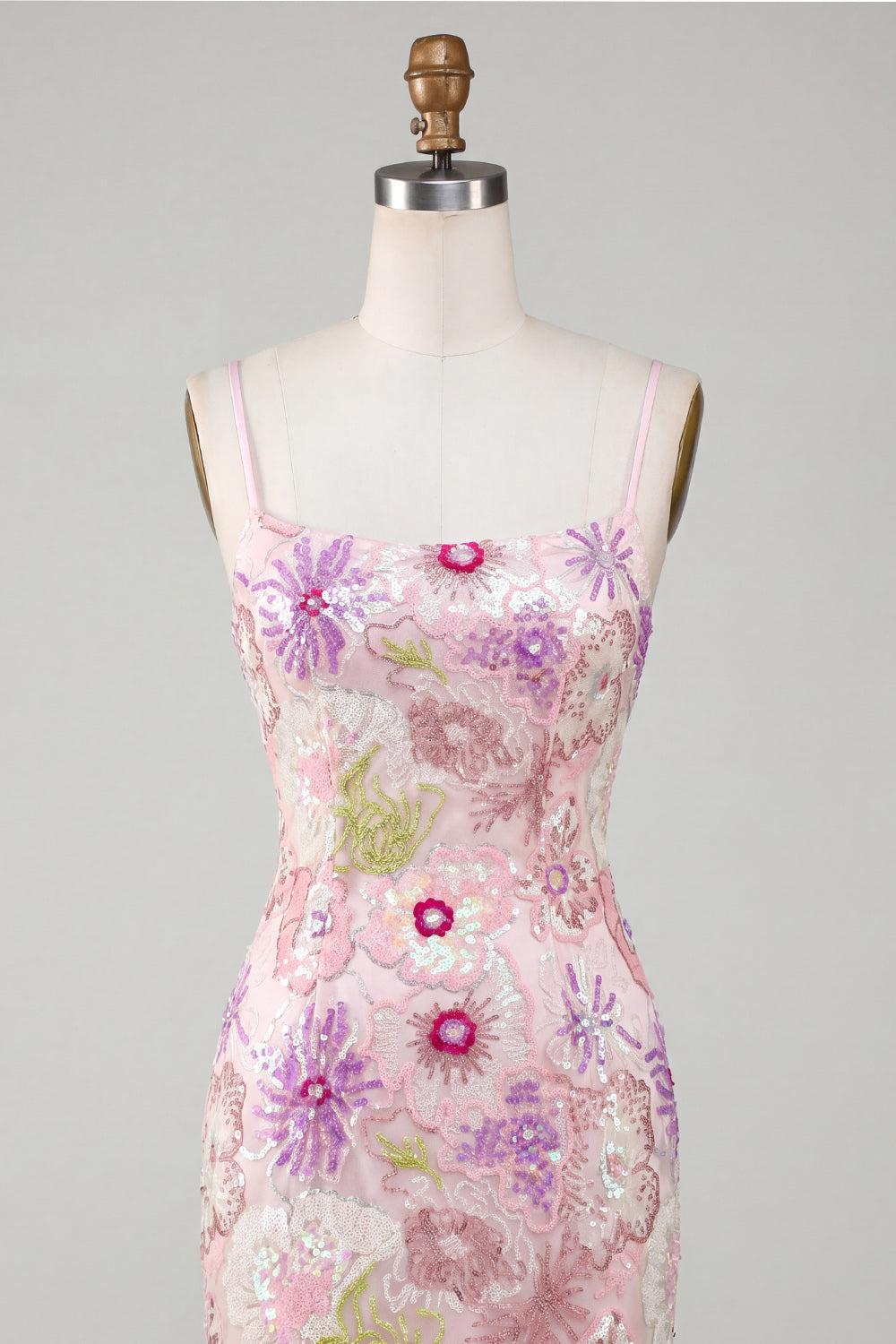Sparkly Pink Spaghetti Straps Sequin Floral Tight Short Homecoming Dress