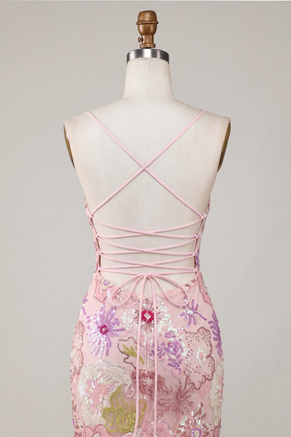 Sparkly Pink Spaghetti Straps Sequin Floral Tight Short Homecoming Dress