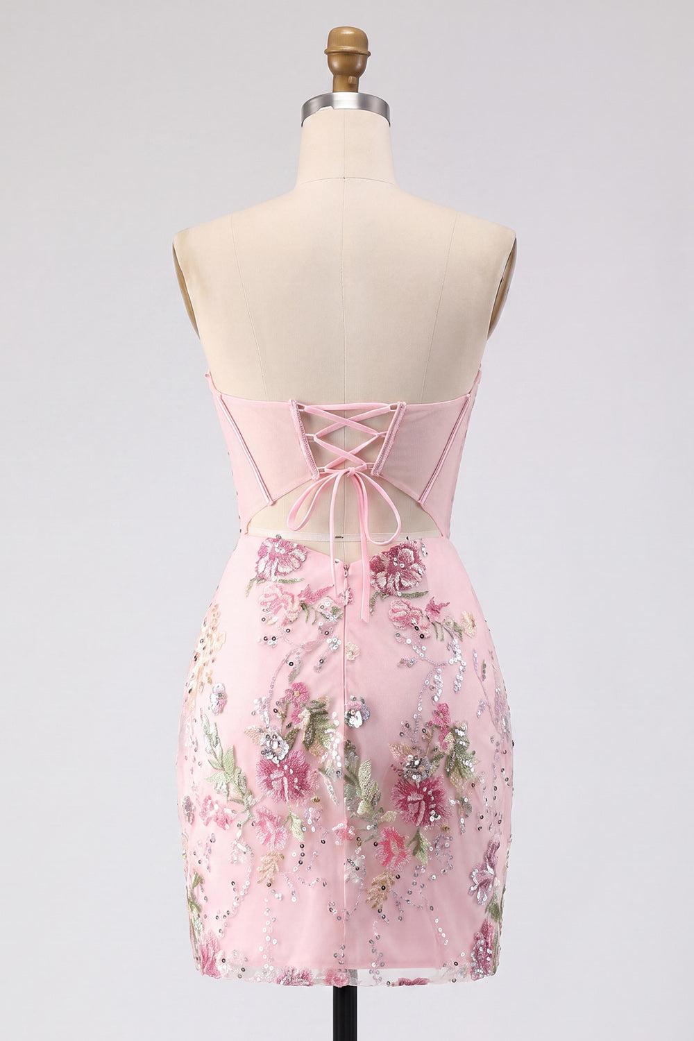 Sparkly Pink Strapless Beaded Floral Corset Tight Short Homecoming Dress