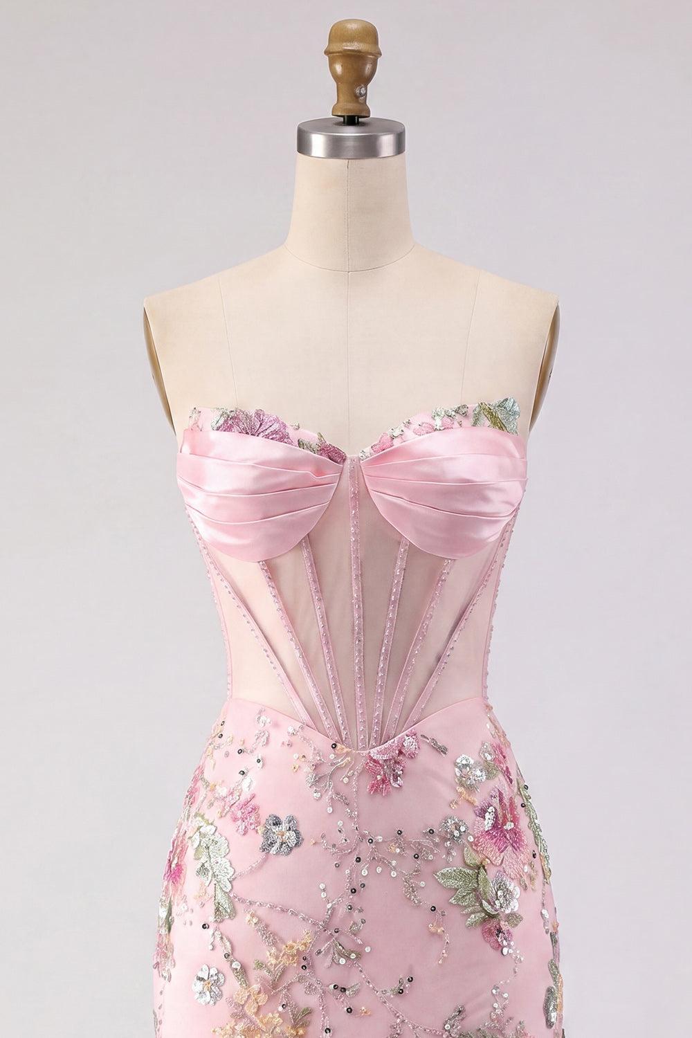 Sparkly Pink Strapless Beaded Floral Corset Tight Short Homecoming Dress