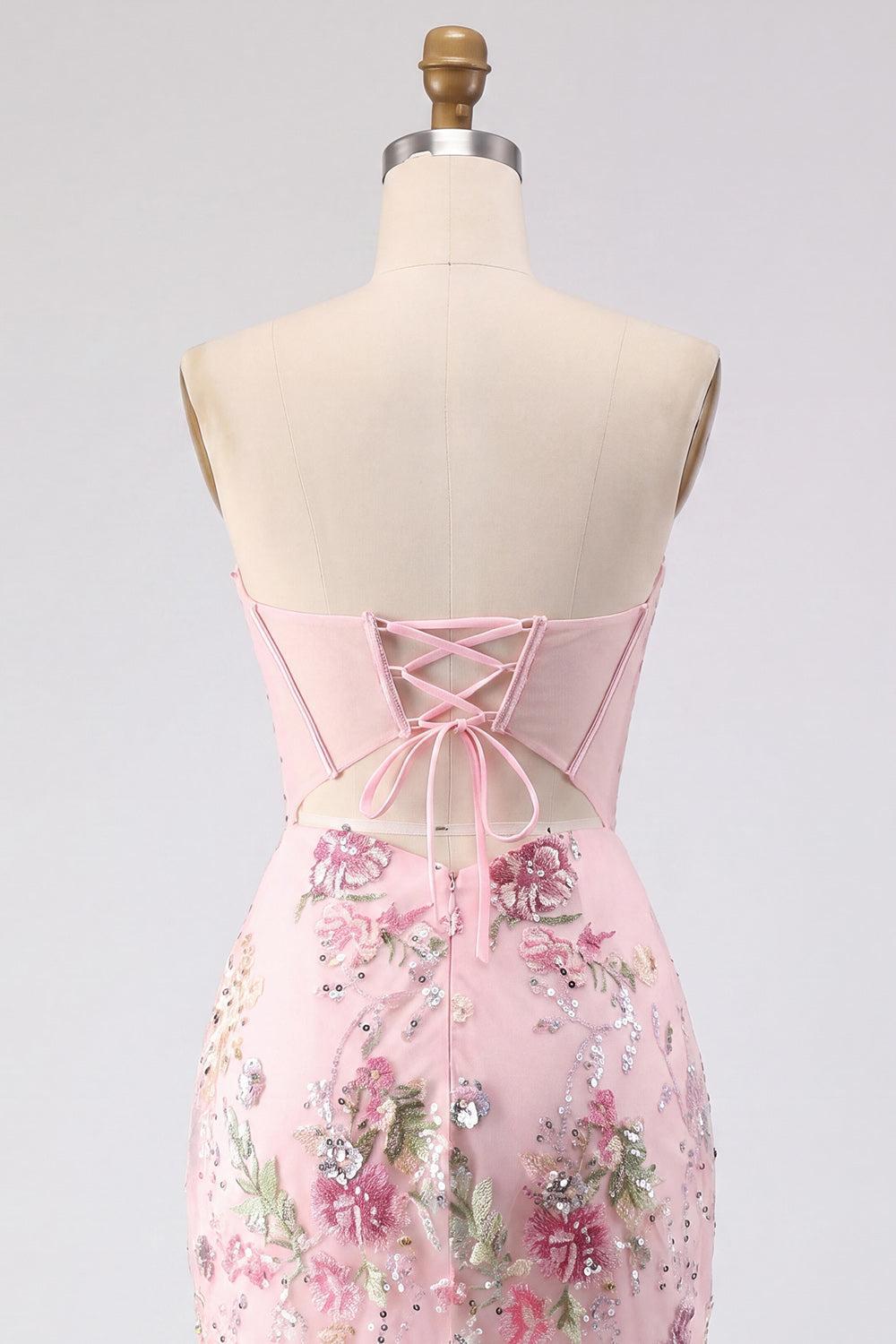 Sparkly Pink Strapless Beaded Floral Corset Tight Short Homecoming Dress