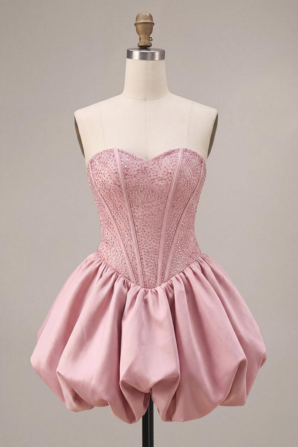 Sparkly Pink Sweetheart Beaded A Line Short Corset Homecoming Dress