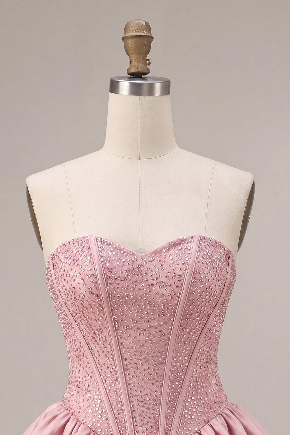 Sparkly Pink Sweetheart Beaded A Line Short Corset Homecoming Dress