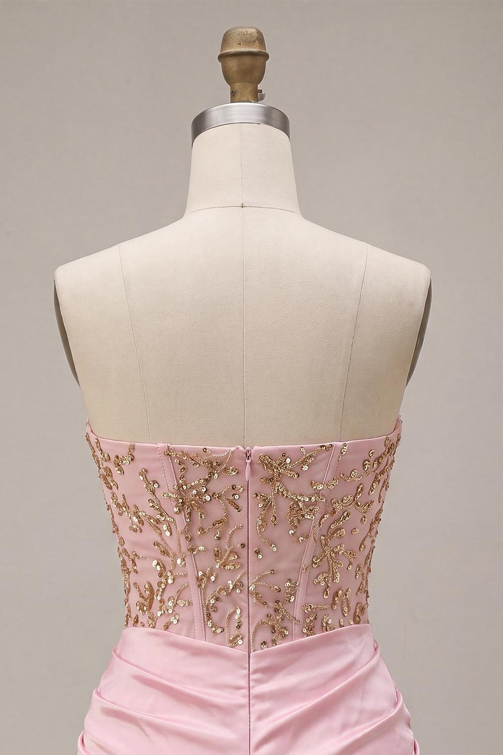 Sparkly Ruched Pink Short Corset Homecoming Dress with Rhinestones