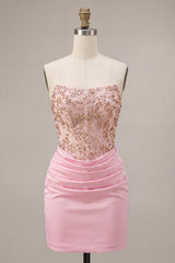 Sparkly Ruched Pink Short Corset Homecoming Dress with Rhinestones