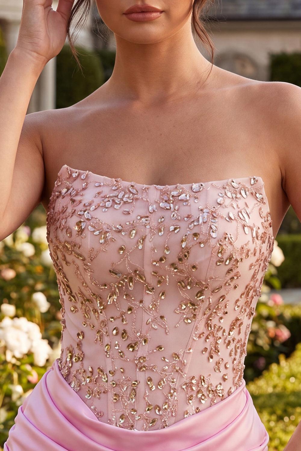 Sparkly Ruched Pink Short Corset Homecoming Dress with Rhinestones