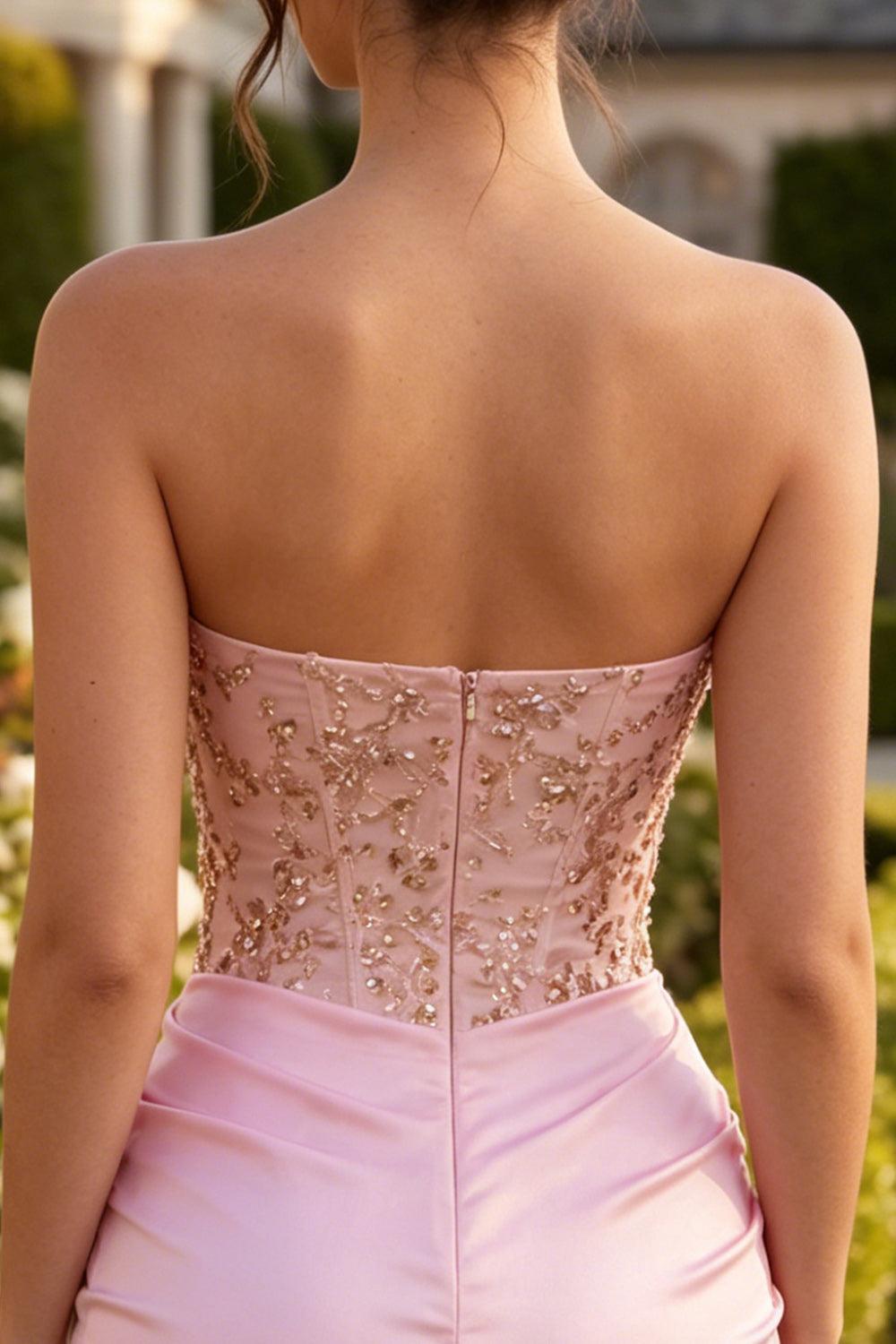 Sparkly Ruched Pink Short Corset Homecoming Dress with Rhinestones
