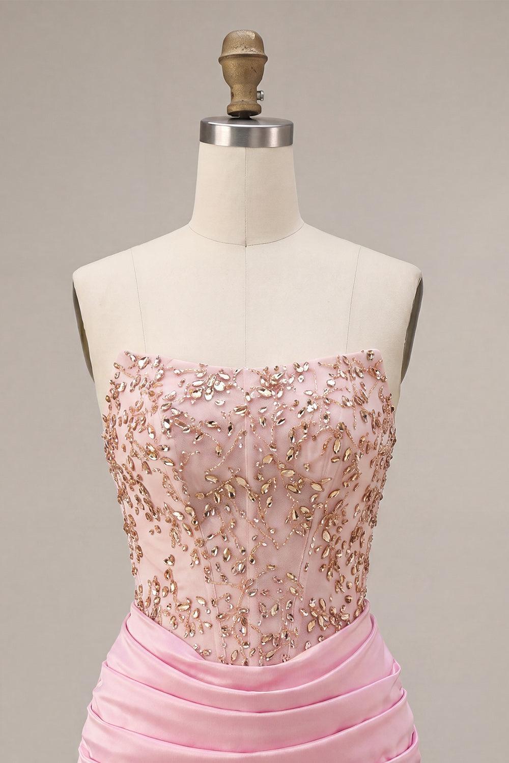 Sparkly Ruched Pink Short Corset Homecoming Dress with Rhinestones