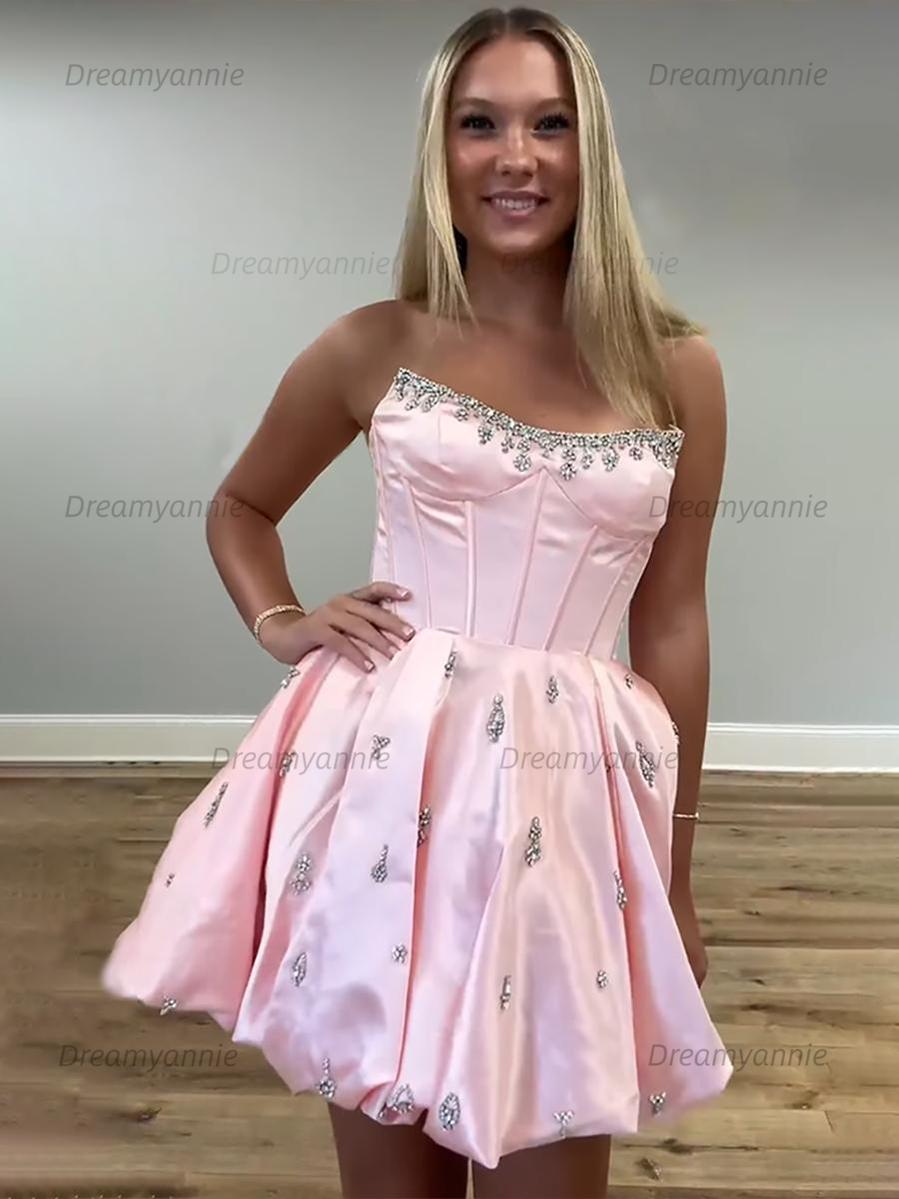 Sparkly Satin A Line Short Corset Homecoming Dress with Rhinestones