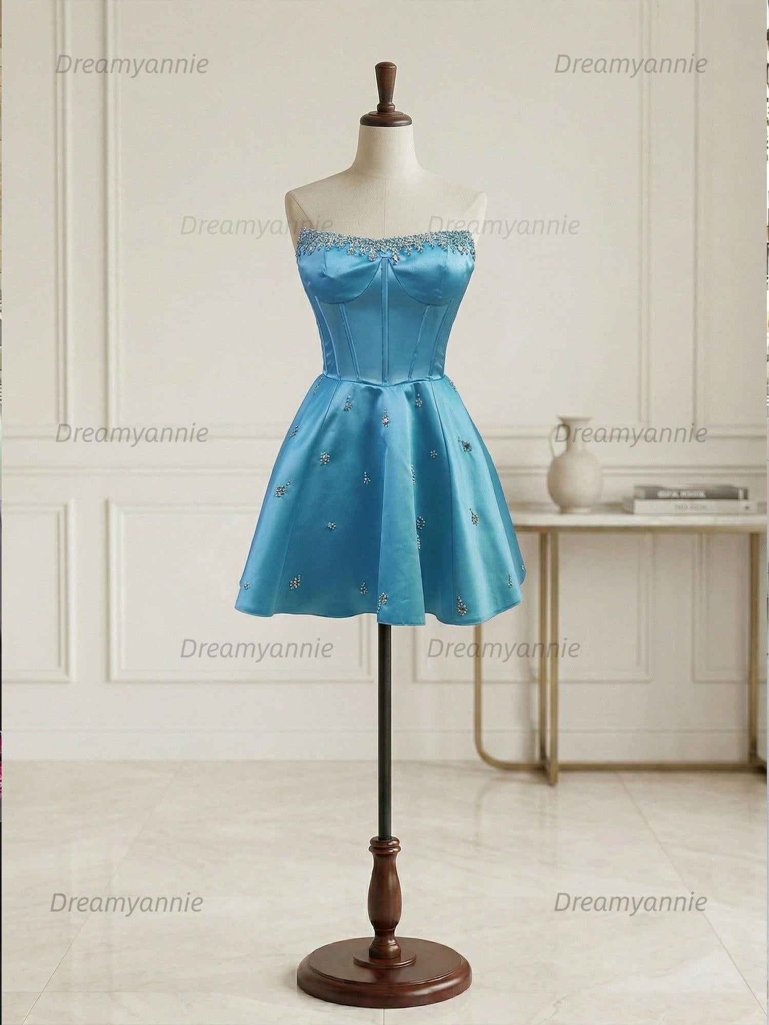 Sparkly Satin A Line Short Corset Homecoming Dress with Rhinestones
