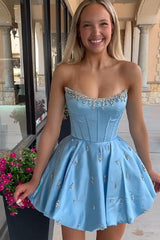 Sparkly Satin A Line Short Corset Homecoming Dress with Rhinestones