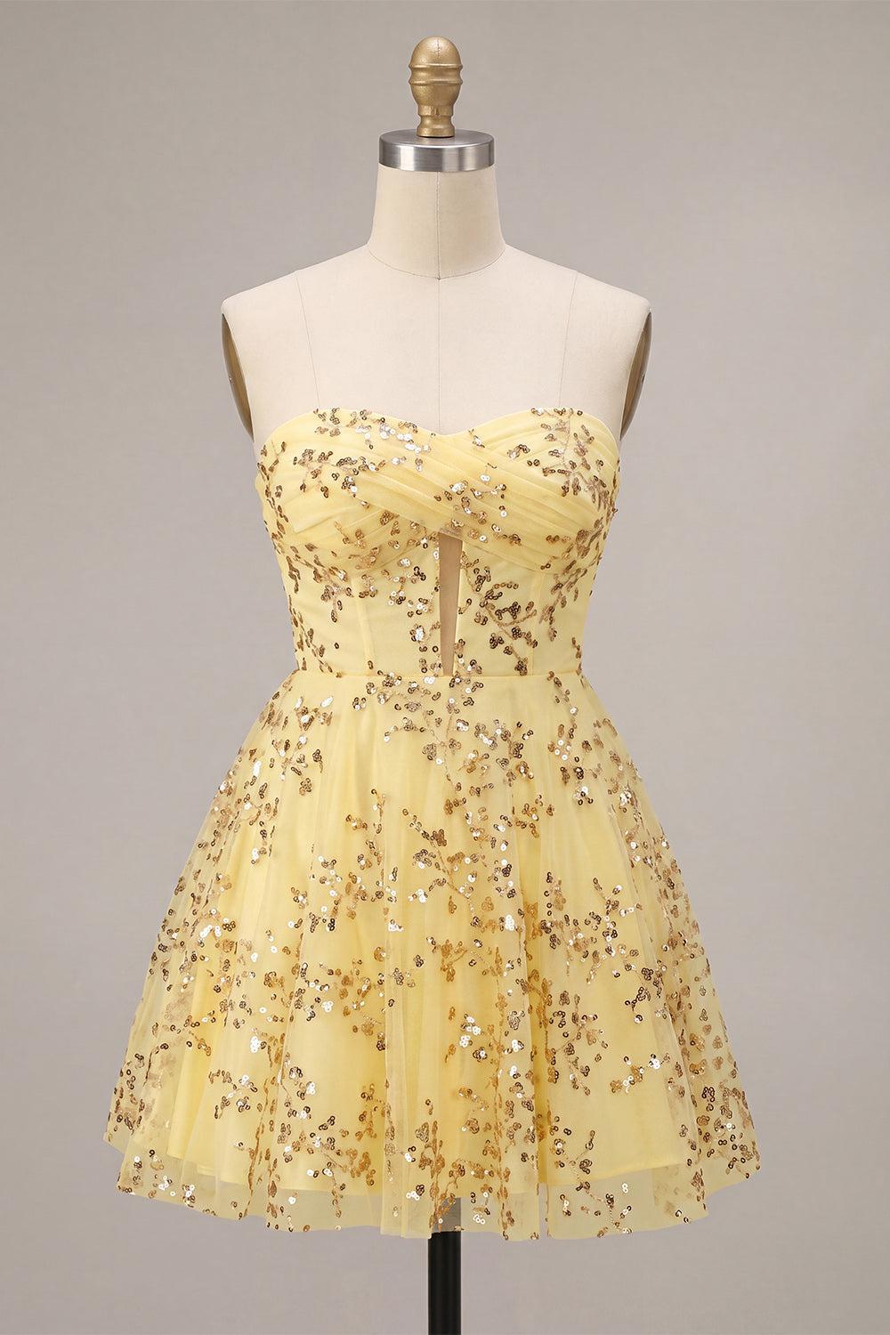 Sparkly Sequin A-Line Corset Yellow Short Homecoming Dress