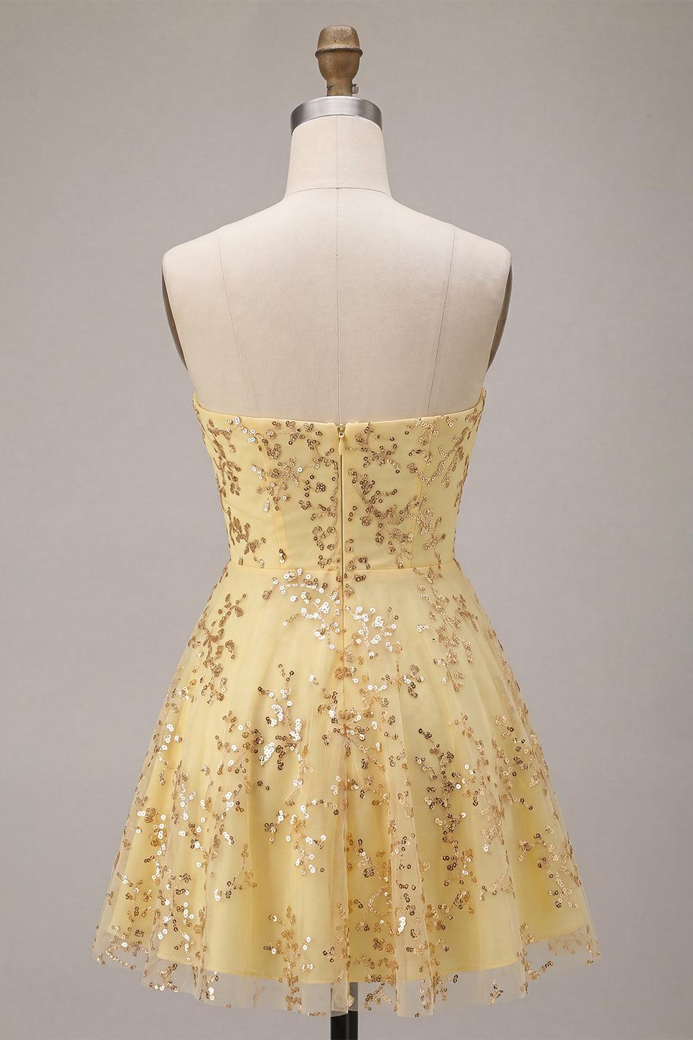 Sparkly Sequin A-Line Corset Yellow Short Homecoming Dress