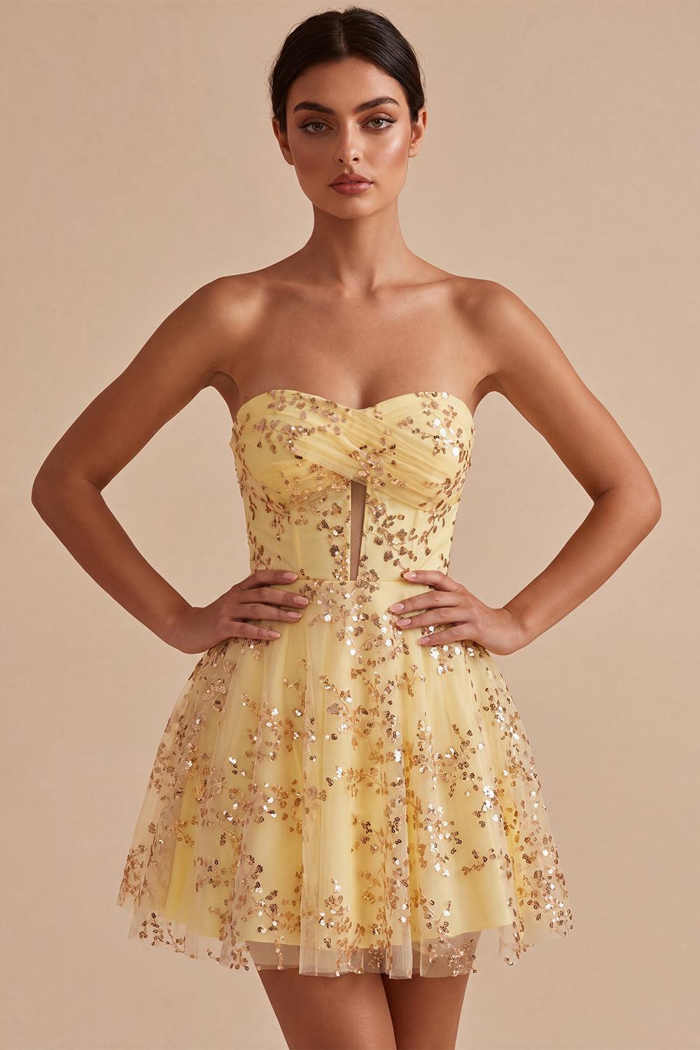 Sparkly Sequin A-Line Corset Yellow Short Homecoming Dress