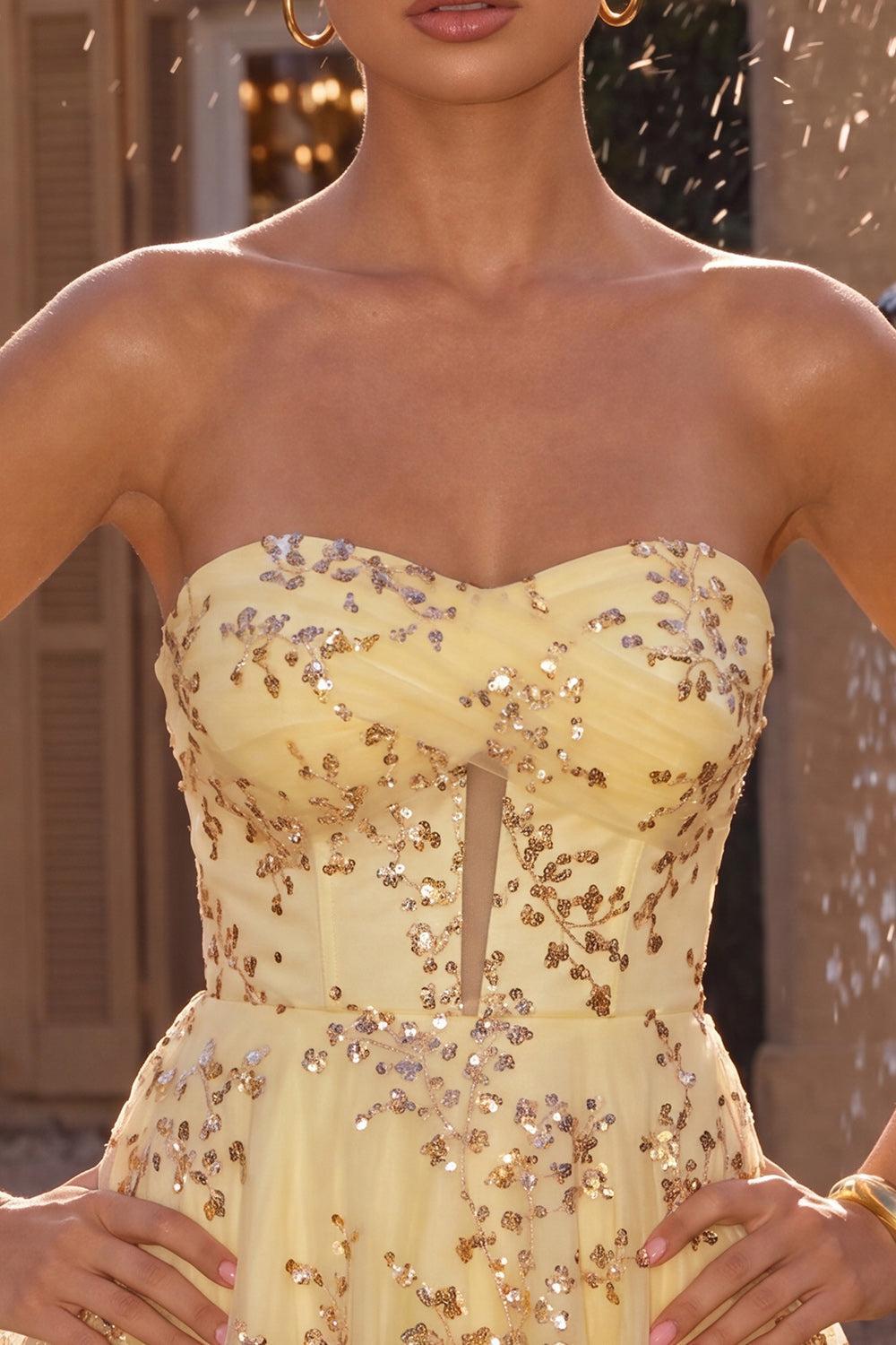 Sparkly Sequin A-Line Corset Yellow Short Homecoming Dress
