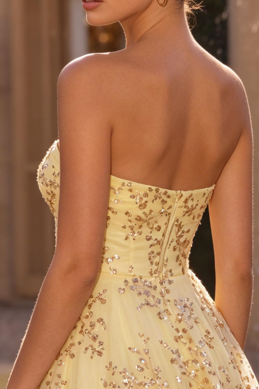 Sparkly Sequin A-Line Corset Yellow Short Homecoming Dress