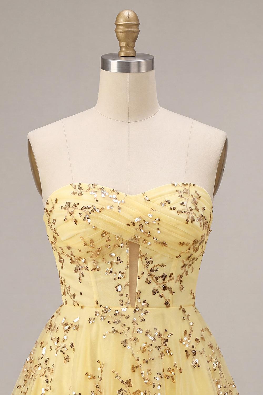 Sparkly Sequin A-Line Corset Yellow Short Homecoming Dress