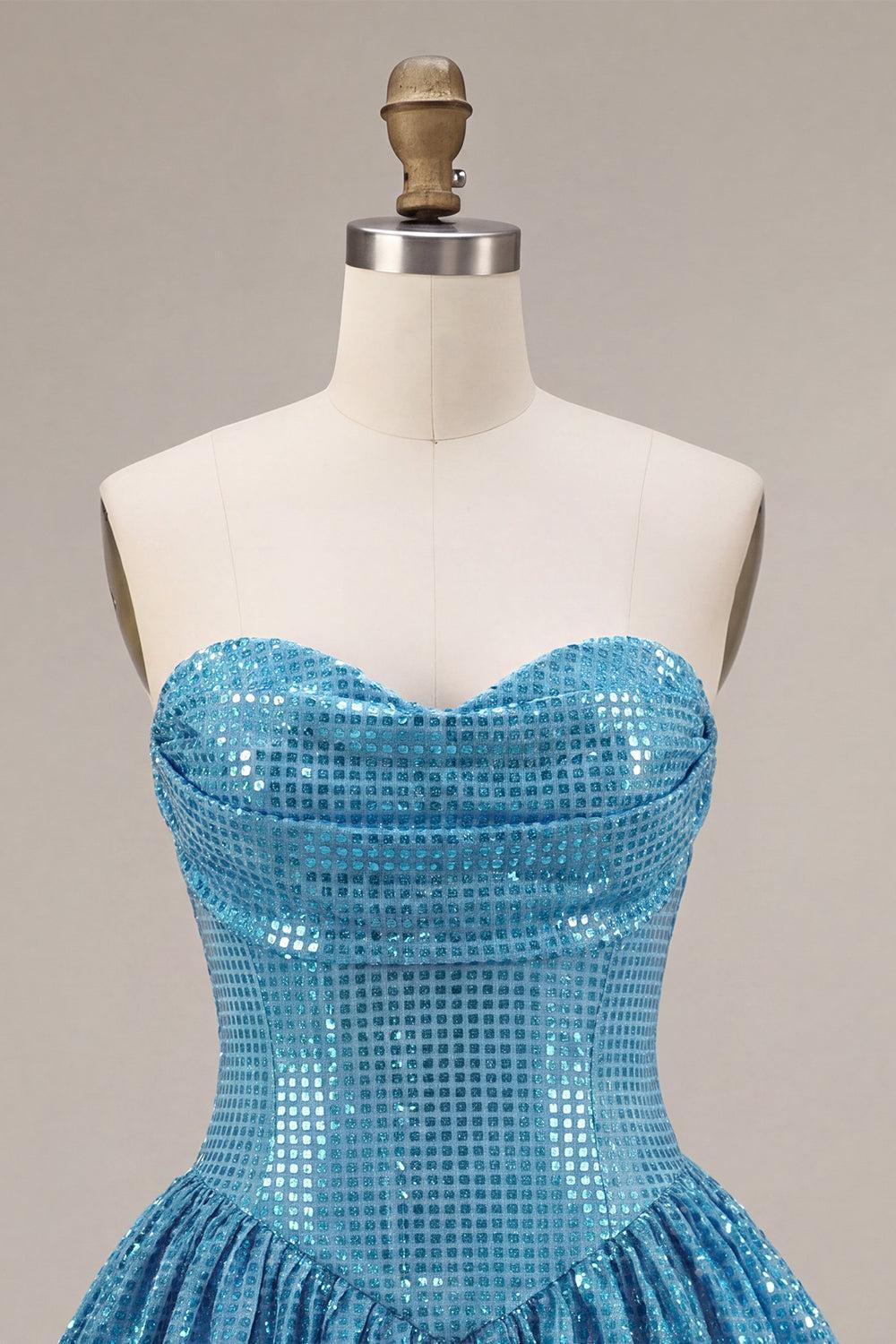 Sparkly Sequin Blue A Line Strapless Bubble Short Homecoming Dress