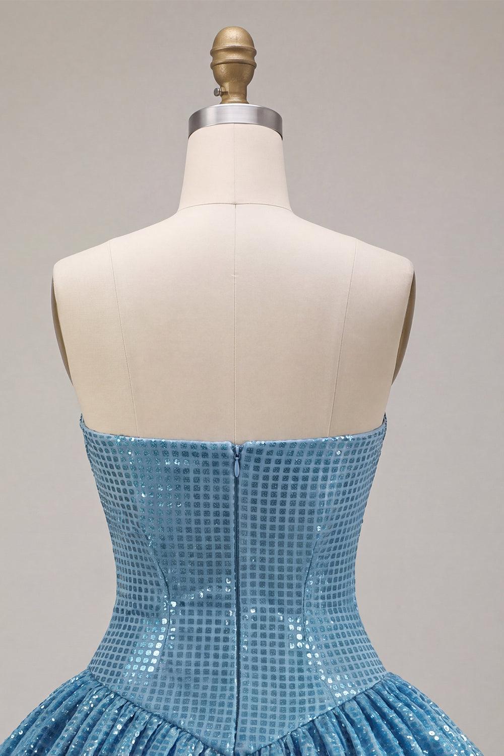 Sparkly Sequin Blue A Line Strapless Bubble Short Homecoming Dress