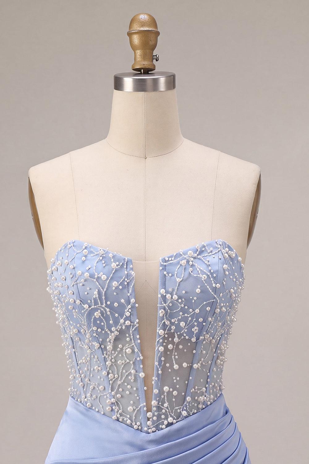 Sparkly Sky Blue Beaded Strapless Tight Short Corset Homecoming Dress
