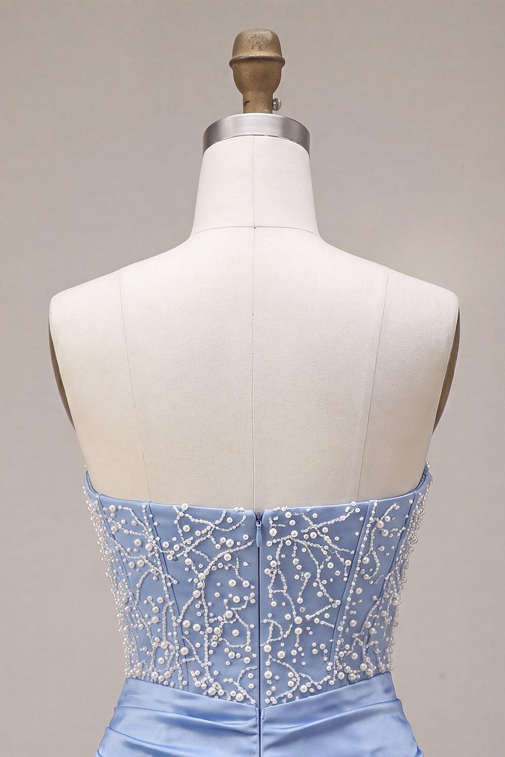 Sparkly Sky Blue Beaded Strapless Tight Short Corset Homecoming Dress