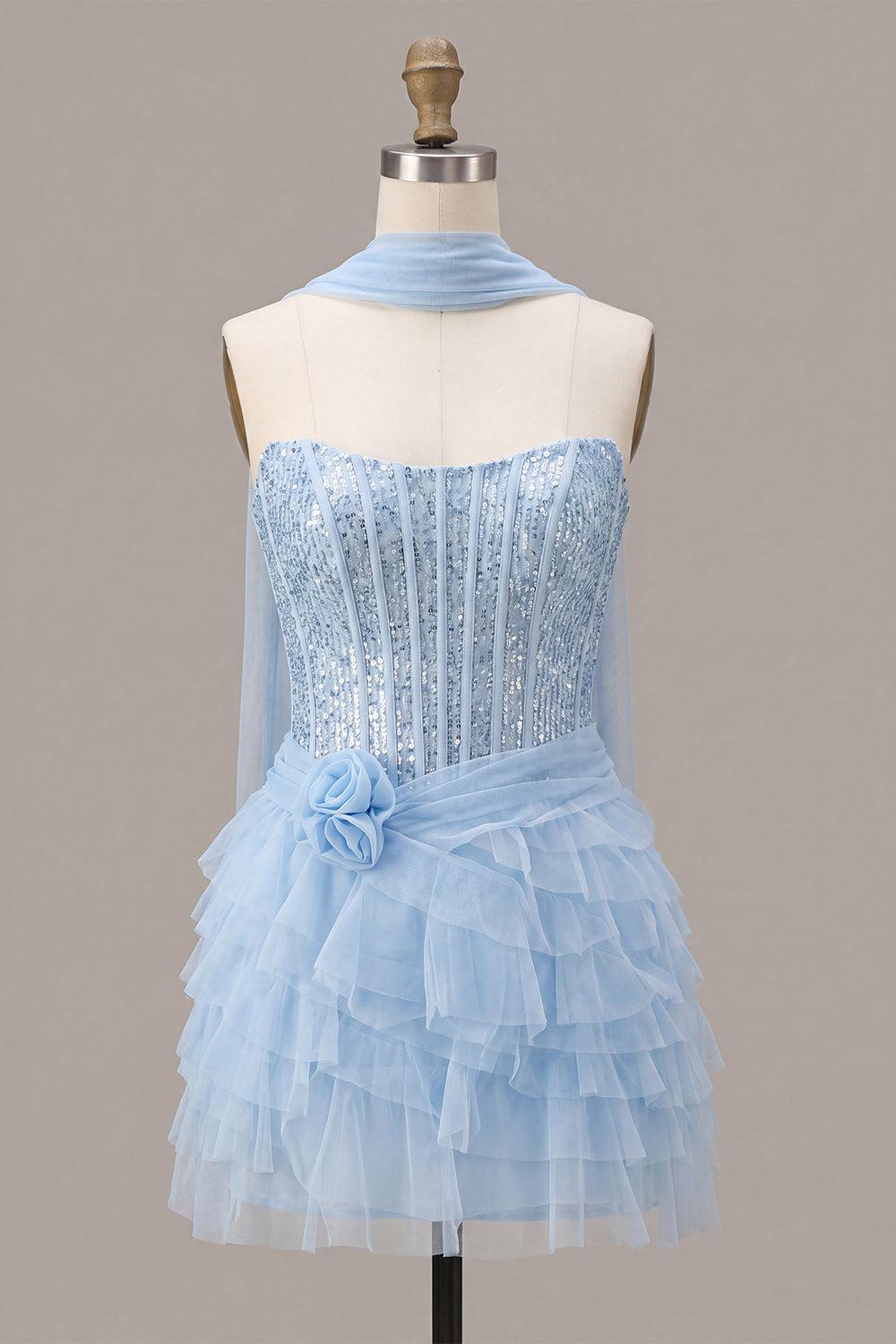 Sparkly Sky Blue Corset Tiered Sequin Ruffled Short Homecoming Dress