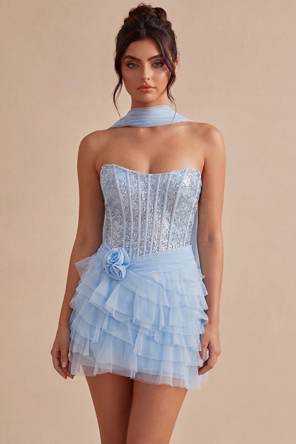 Sparkly Sky Blue Corset Tiered Sequin Ruffled Short Homecoming Dress