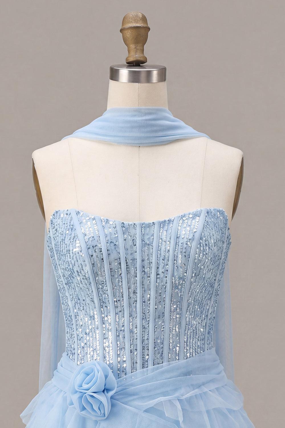 Sparkly Sky Blue Corset Tiered Sequin Ruffled Short Homecoming Dress