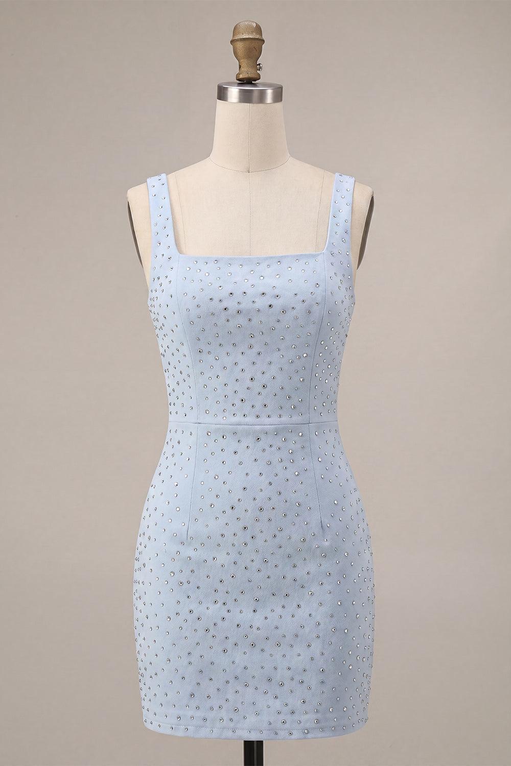 Sparkly Sky Blue Tight Beaded Short Homecoming Dress