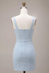 Sparkly Sky Blue Tight Beaded Short Homecoming Dress