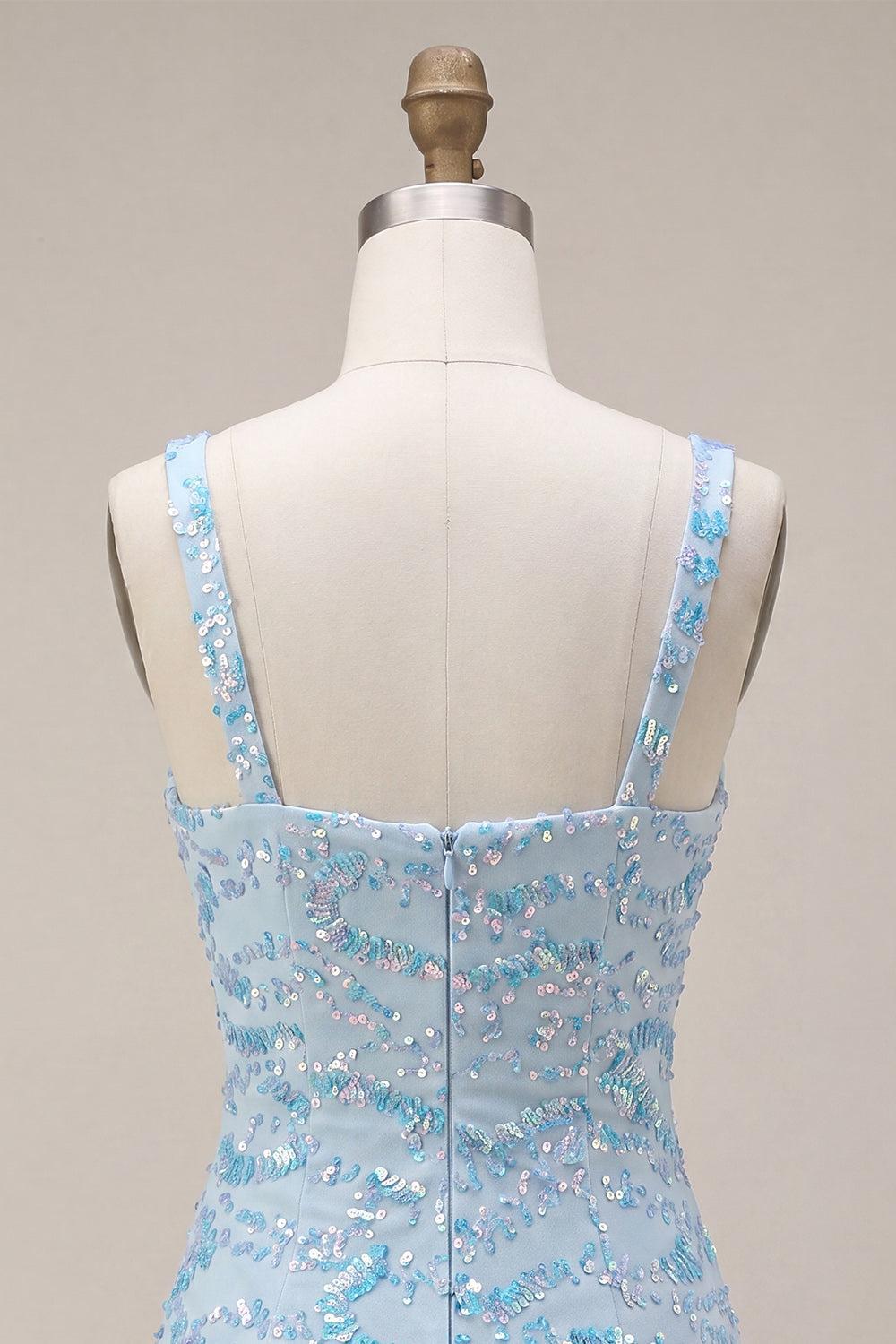 Sparkly Sky Blue Tight Sequin Short Homecoming Dress with Slit
