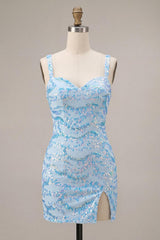 Sparkly Sky Blue Tight Sequin Short Homecoming Dress with Slit