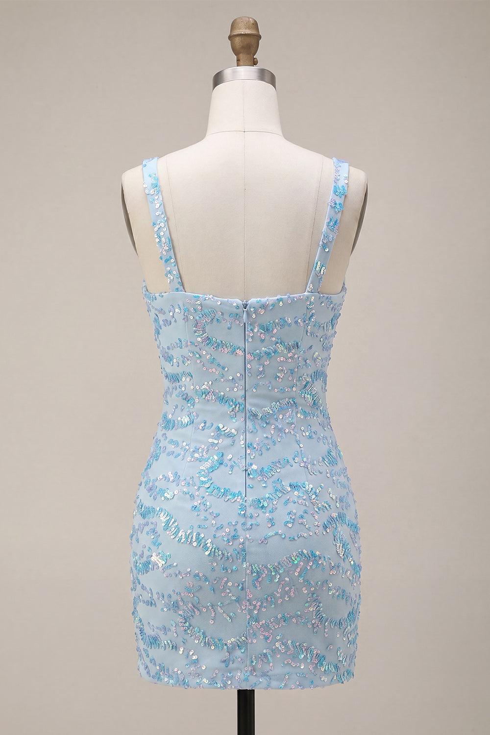 Sparkly Sky Blue Tight Sequin Short Homecoming Dress with Slit