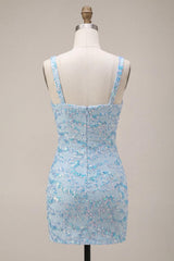 Sparkly Sky Blue Tight Sequin Short Homecoming Dress with Slit