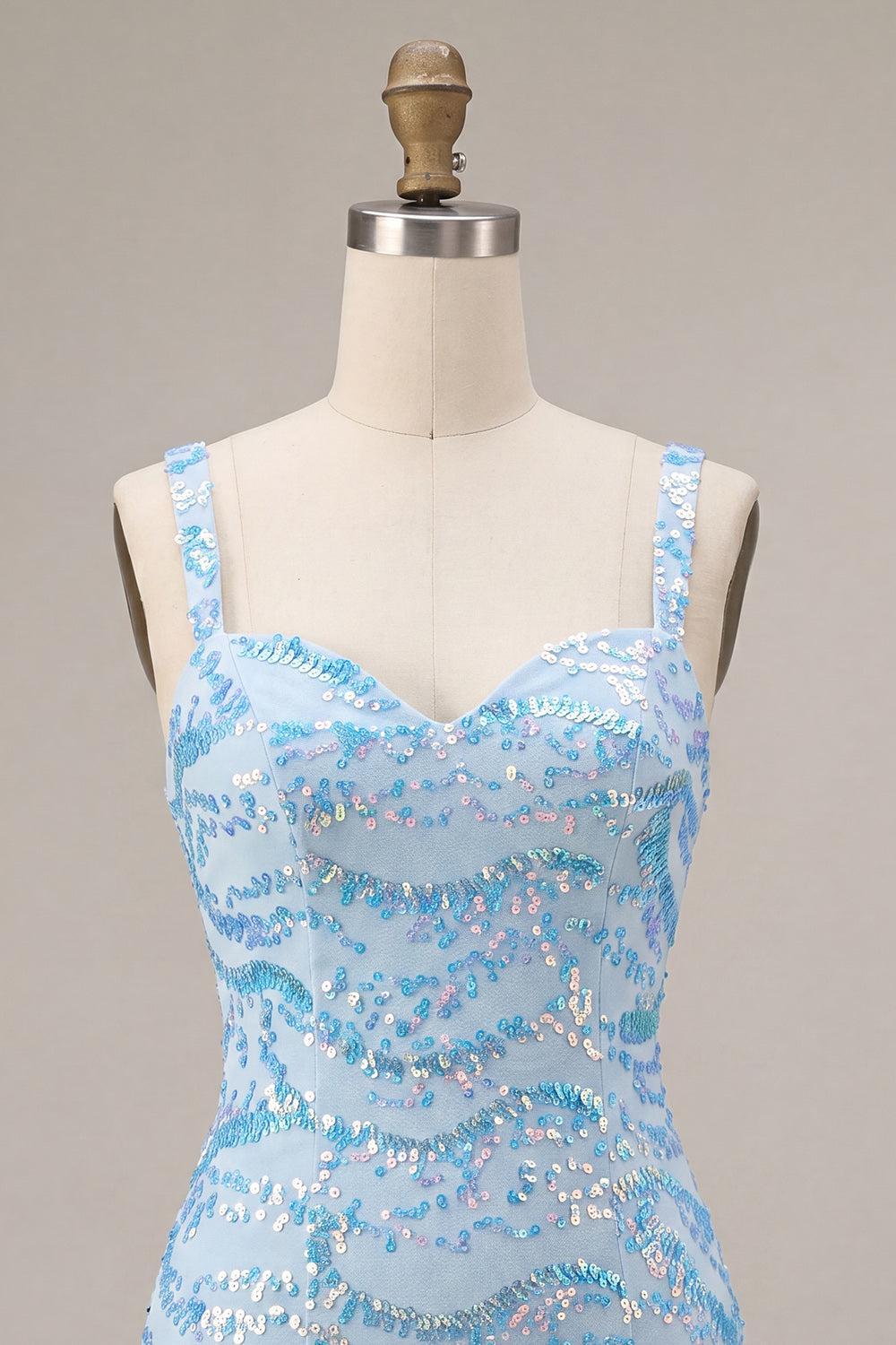 Sparkly Sky Blue Tight Sequin Short Homecoming Dress with Slit