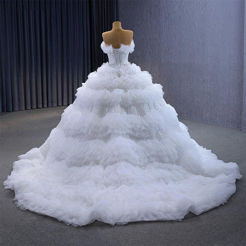 Sparkly Strapless Wedding Dress Ball Gown Sequin Tiered Bridal Dress with Sweep Train