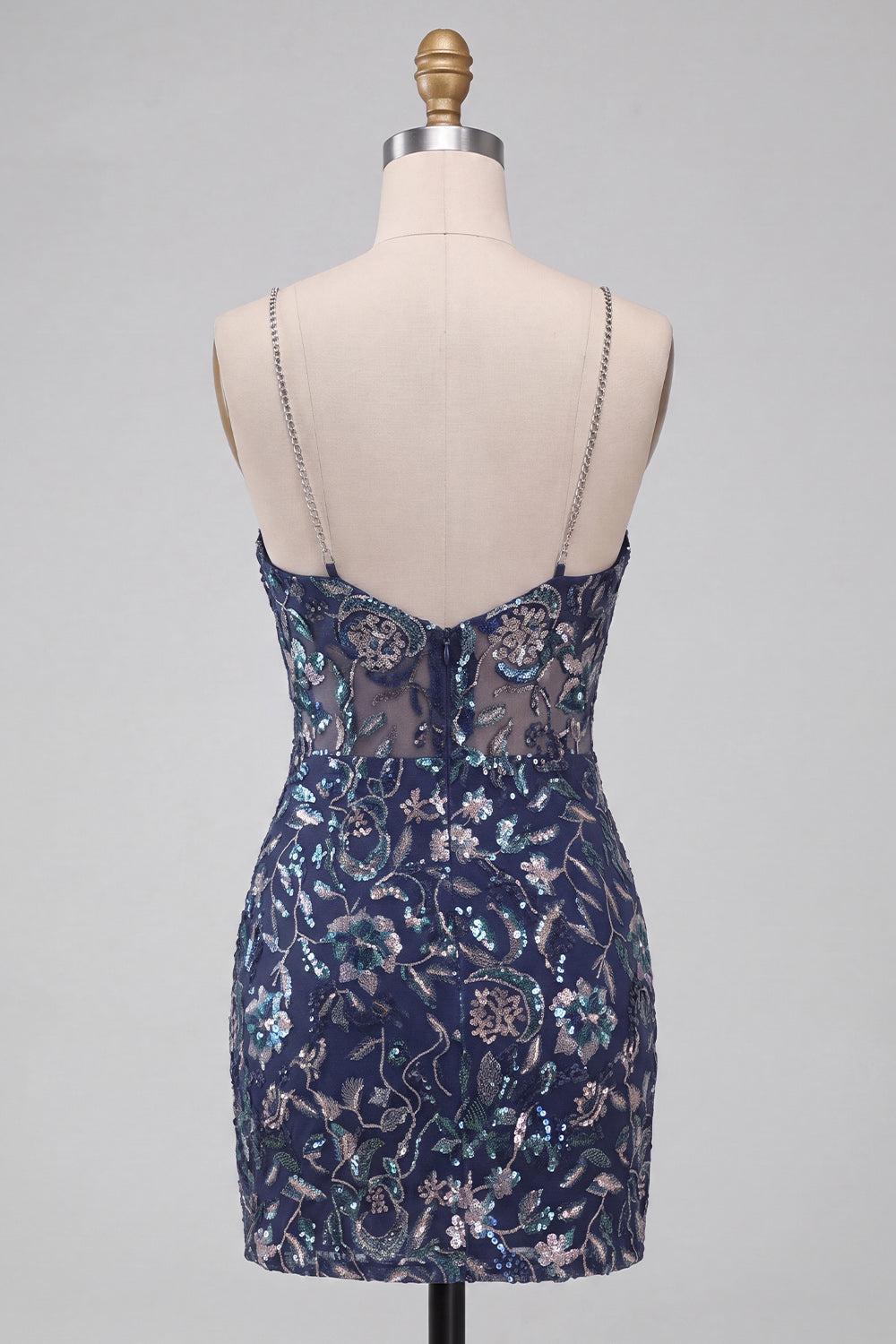 Sparkly Tight Sequins Floral Navy Short Homecoming Dress with Slit