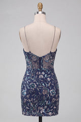 Sparkly Tight Sequins Floral Navy Short Homecoming Dress with Slit