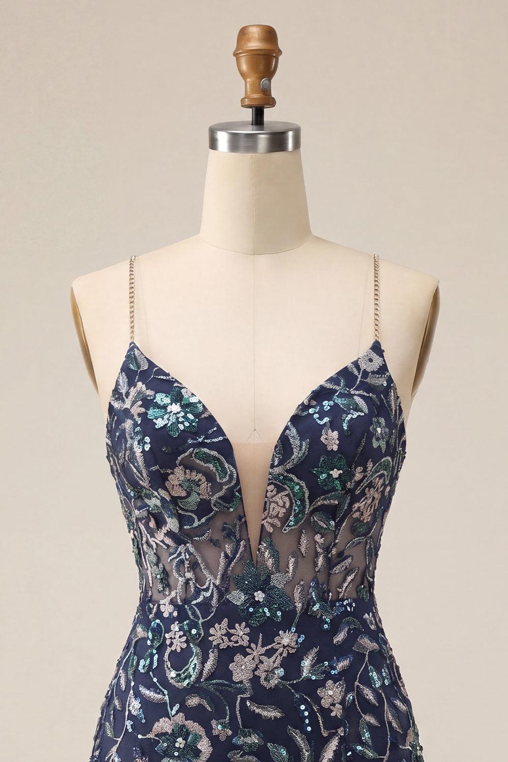 Sparkly Tight Sequins Floral Navy Short Homecoming Dress with Slit