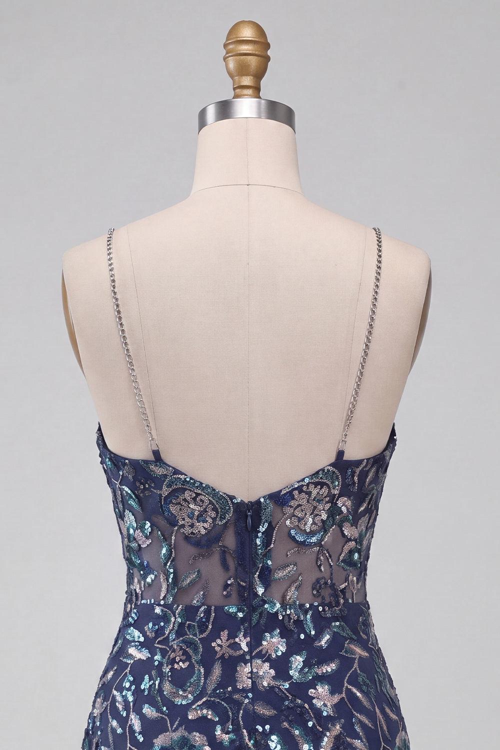 Sparkly Tight Sequins Floral Navy Short Homecoming Dress with Slit